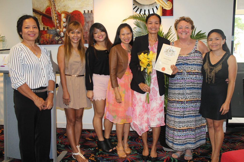 Wanna Brook (third from right) was surrounded by friends Jantra Amos, Anchalee Humphries, Sukanya Jantra, Tuk Beattie, Pamela Morgan and Paula Phuong as she officially became an Australian citizen. Photo Lucy Smith / Daily Mercury